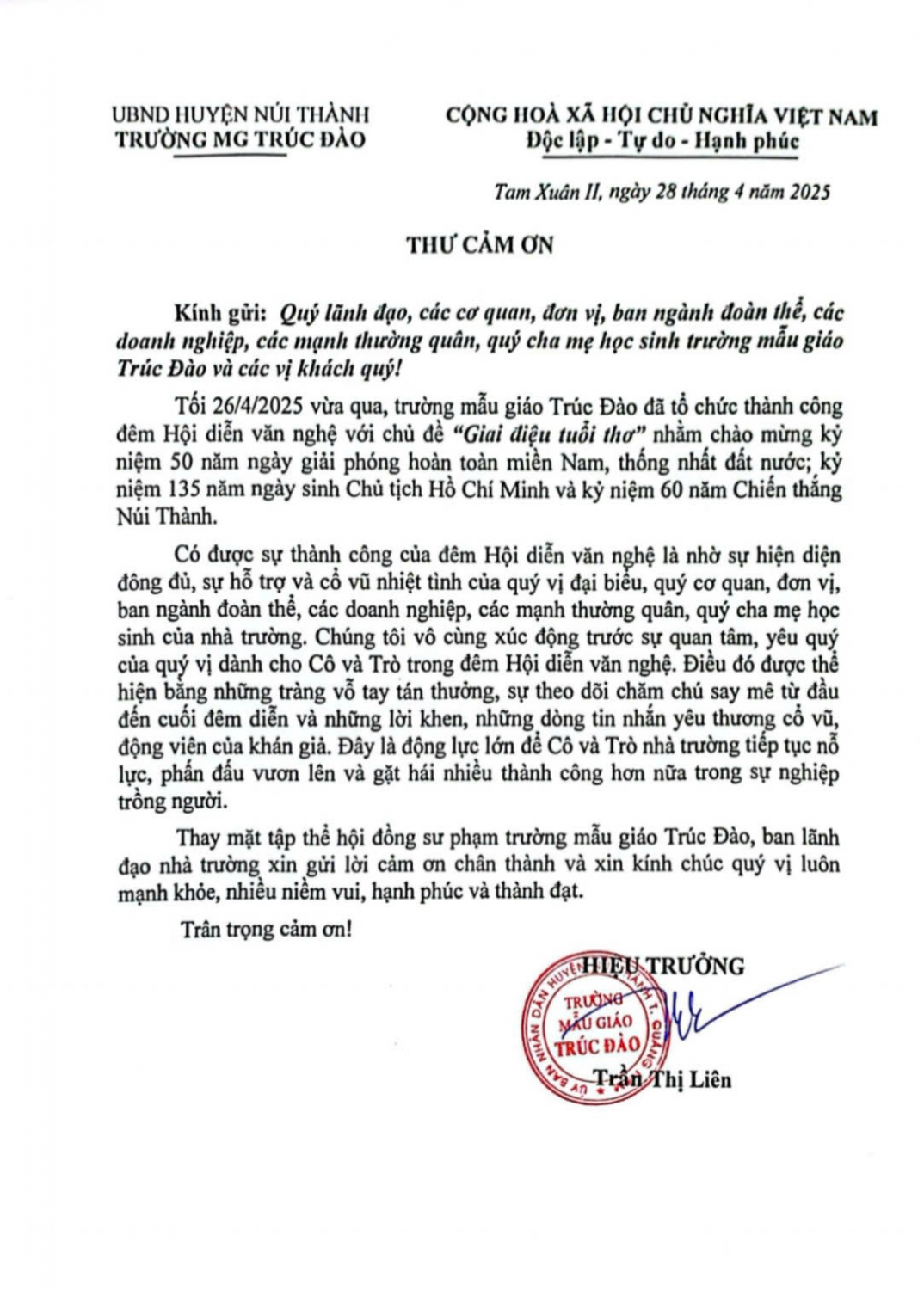 ĐÊM HỘI DIỄN VĂN NGHỆ “CHÀO MỪNG KỶ NIỆM 50 NĂM NGÀY GIẢI PHÓNG HOÀN TOÀN MIỀN NAM, THỐNG NHẤT ĐẤT NƯỚC” CỦA TRƯỜNG MẪU GIÁO TRÚC ĐÀO